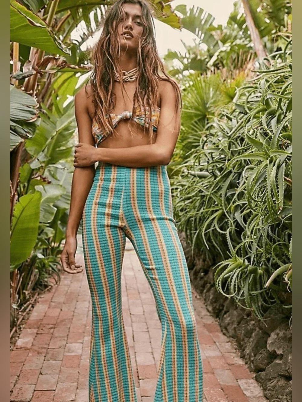 Free People Fine Line Slim Pants High Rise Striped Knit Flared Sz M Boho